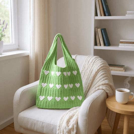 knitted Heart Tote Bag | Soft Cotton Yarn