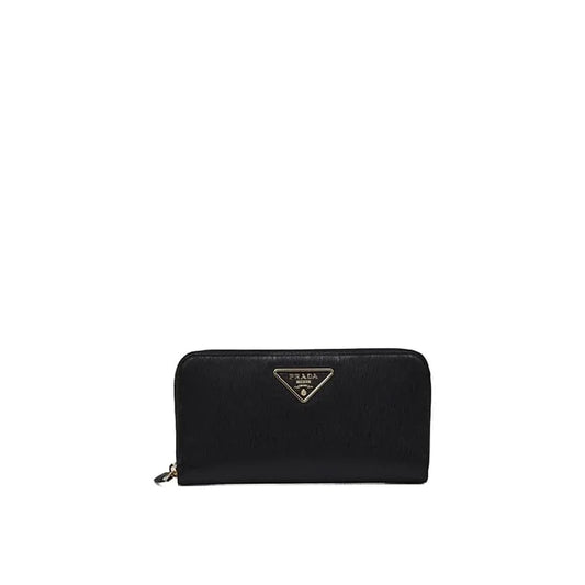 Black designer zip wallet with gold logo emblem on white background