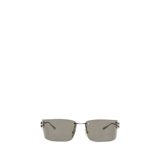 Rimless rectangular grey sunglasses with silver metal arms on white background