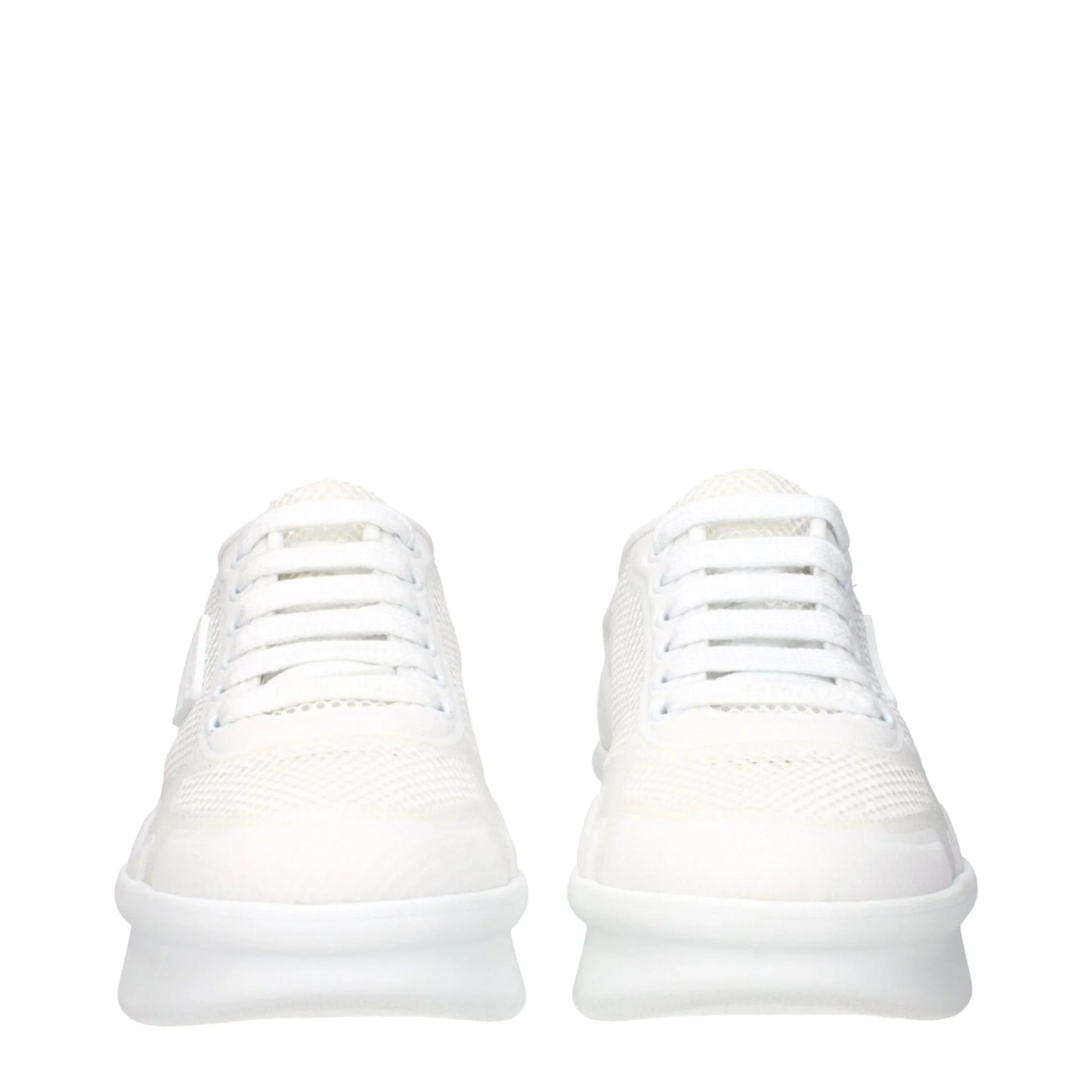 Front view of white mesh lace-up sneakers with rubber soles on a white background