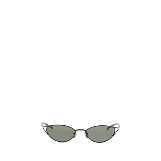 Cat-eye sunglasses with slim silver frames and dark lenses on a white background