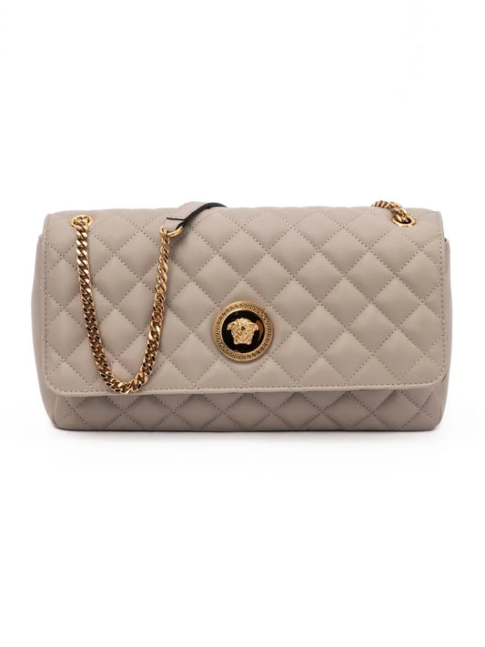 Taupe quilted leather designer shoulder bag with gold chain strap and medallion emblem
