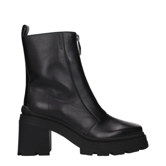 Black leather ankle boot with chunky heel and side zipper for women