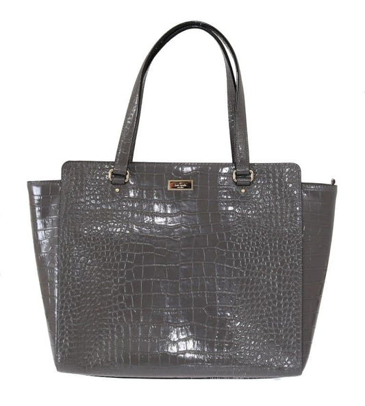 Glossy gray crocodile-embossed leather tote bag with double handles and gold hardware