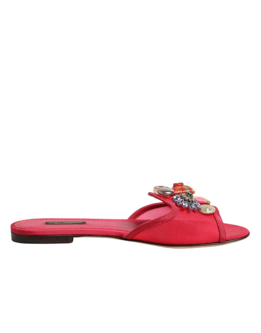 Red flat slide sandal with jeweled embellishments and open toe, luxury footwear