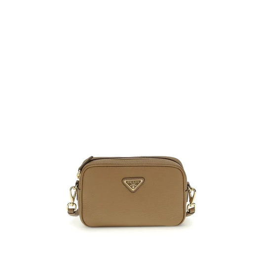 Taupe leather crossbody bag with gold hardware and front logo, luxury designer accessory