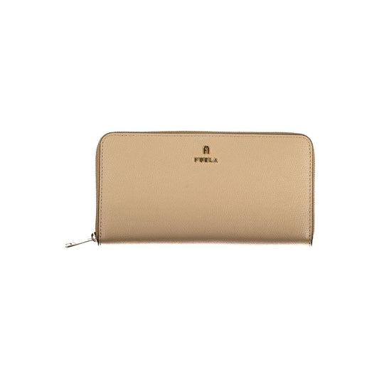 Beige leather zip-around wallet with gold logo and minimalist design