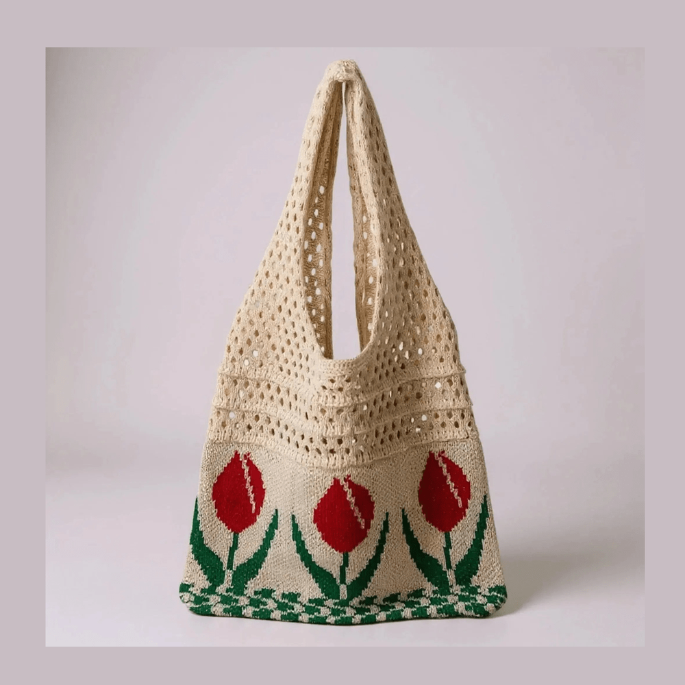 Aesthetic Hippie Crochet Beach Knitted Tote Bag with Boho Tulip Flower | Bohemian Summer Shoulder Tote
