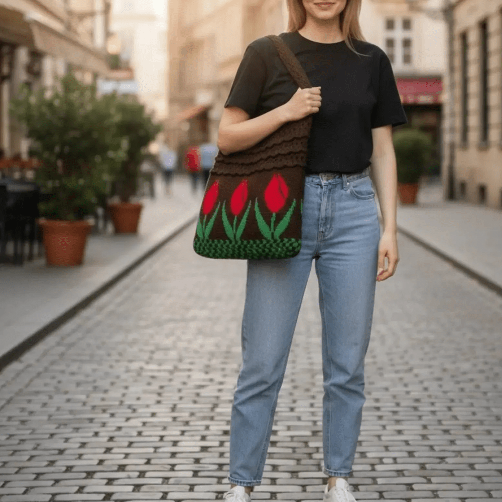 Aesthetic Hippie Crochet Beach Knitted Tote Bag with Boho Tulip Flower | Bohemian Summer Shoulder Tote