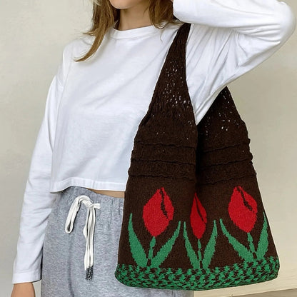 Aesthetic Hippie Crochet Beach Knitted Tote Bag with Boho Tulip Flower | Bohemian Summer Shoulder Tote
