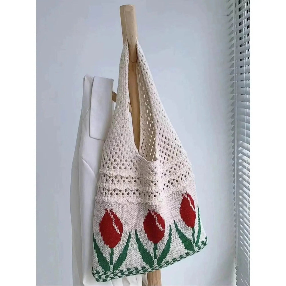 Aesthetic Hippie Crochet Beach Knitted Tote Bag with Boho Tulip Flower | Bohemian Summer Shoulder Tote