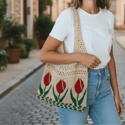 Aesthetic Hippie Crochet Beach Knitted Tote Bag with Boho Tulip Flower | Bohemian Summer Shoulder Tote