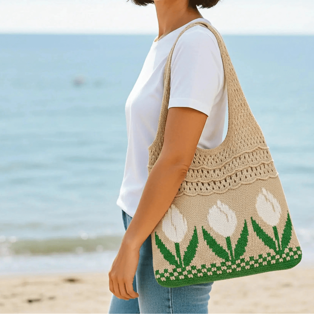 Aesthetic Hippie Crochet Beach Knitted Tote Bag with Boho Tulip Flower | Bohemian Summer Shoulder Tote