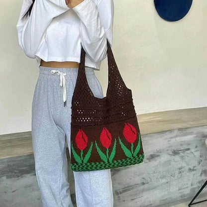 Aesthetic Hippie Crochet Beach Knitted Tote Bag with Boho Tulip Flower | Bohemian Summer Shoulder Tote