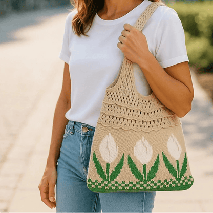 Aesthetic Hippie Crochet Beach Knitted Tote Bag with Boho Tulip Flower | Bohemian Summer Shoulder Tote