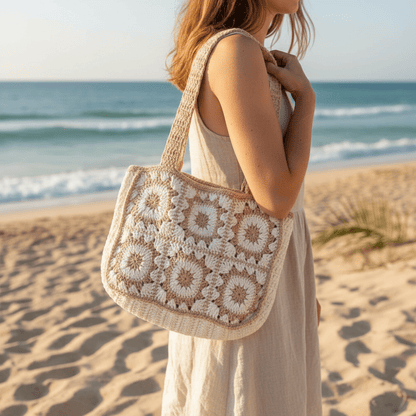 Handmade Crochet Tote Bag – Boho Cotton Yarn Shoulder Bag for Women
