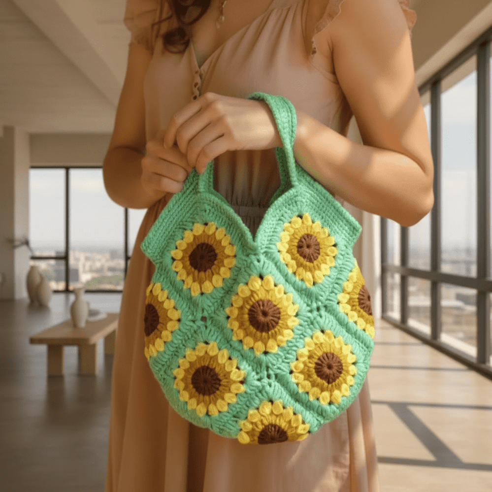 Handmade Sunflower Crochet Bag – Boho Cotton Handbag with Short Straps | Twist & Tassel