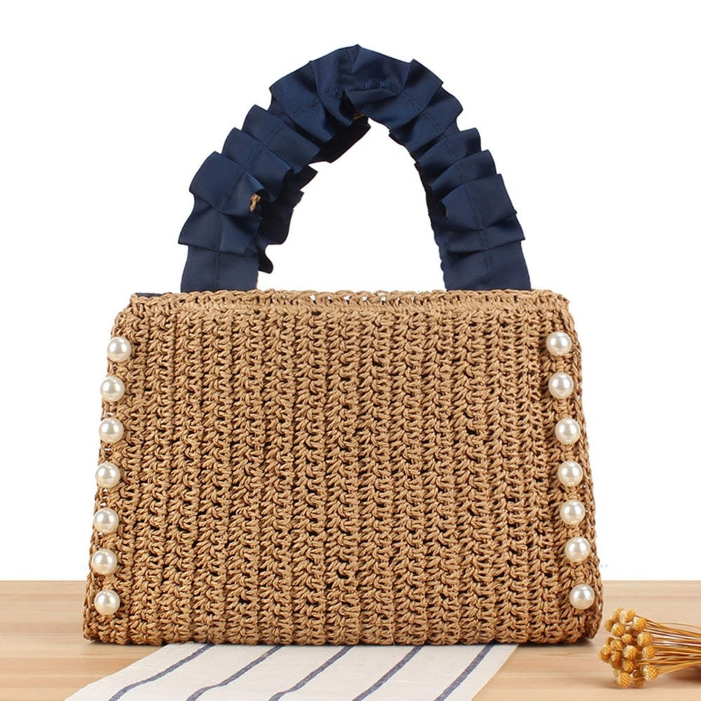 Twist and Tassel Woven Raffia Tote Bag - Ruffle Handle & Pearl Accent