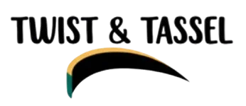 Twist & Tassel logo with bold black text and a gold, black, and teal curved accent