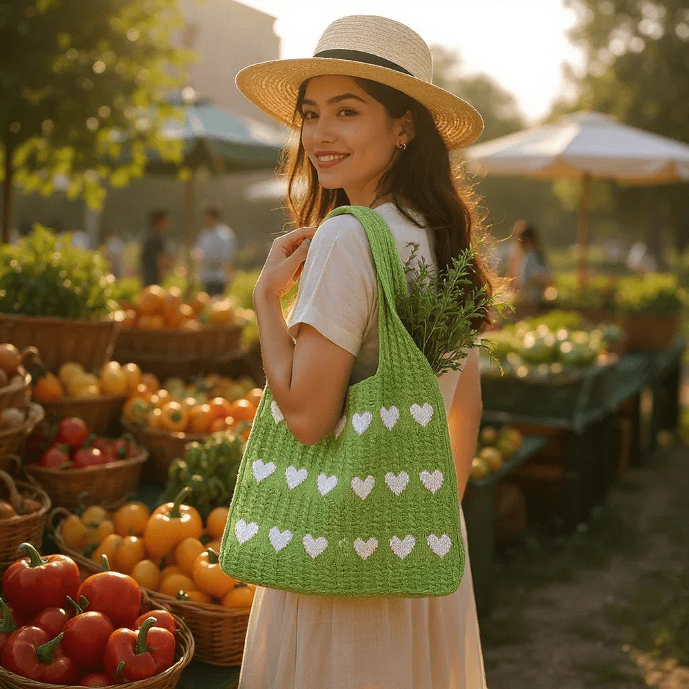knitted Heart Tote Bag | Soft Cotton Yarn
