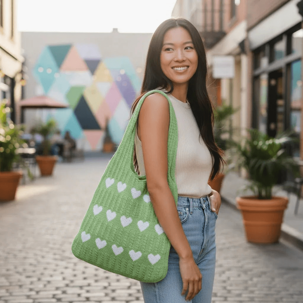 knitted Heart Tote Bag | Soft Cotton Yarn